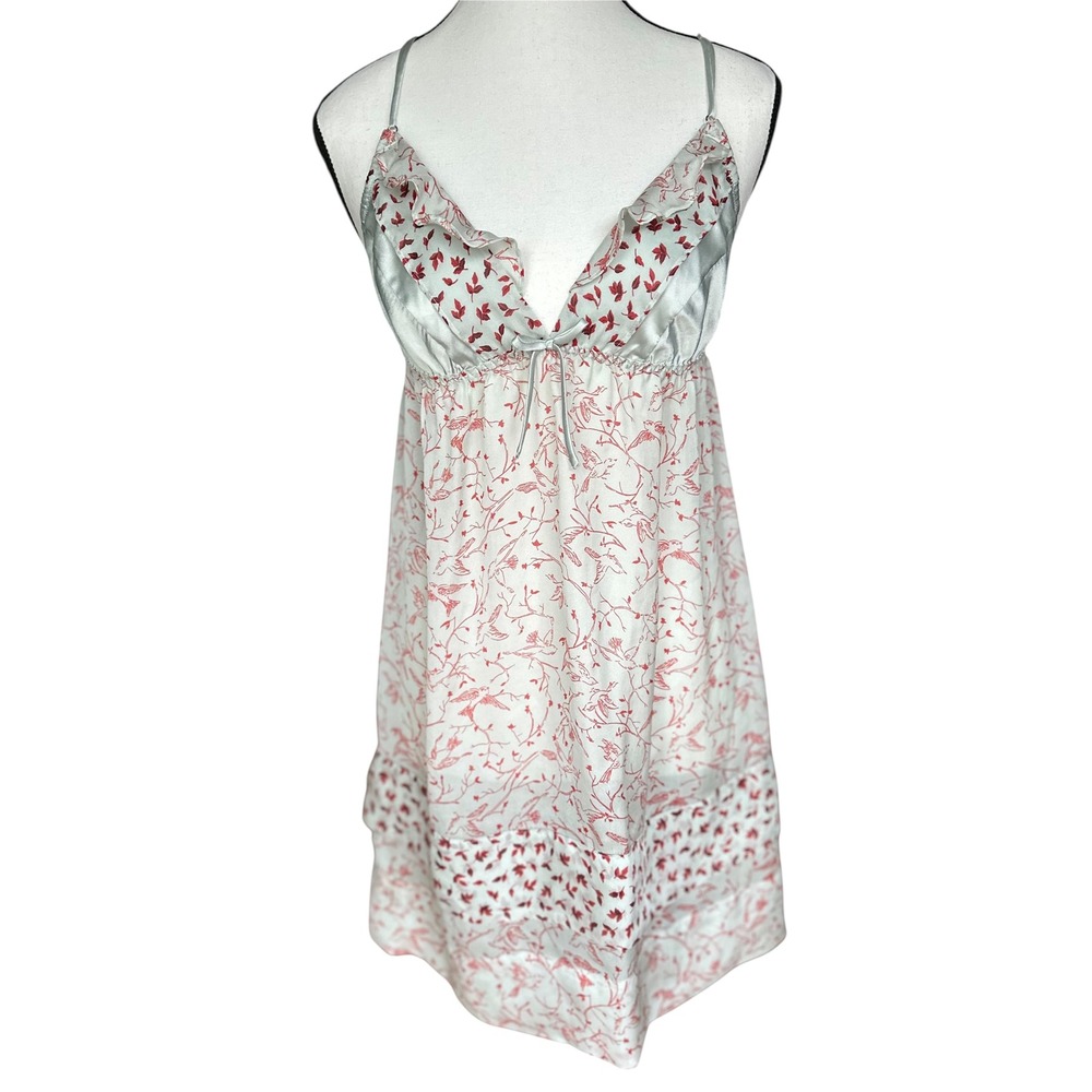 Victoria's Secret 2009 Soft Blue & Red Bird Print Satin Nightgown Chemise Slip M